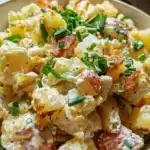 Homemade Grandma's Potato Salad in a bowl with fresh herbs and spices