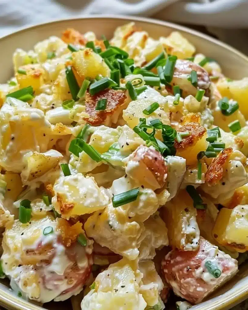 Homemade Grandma's Potato Salad in a bowl with fresh herbs and spices