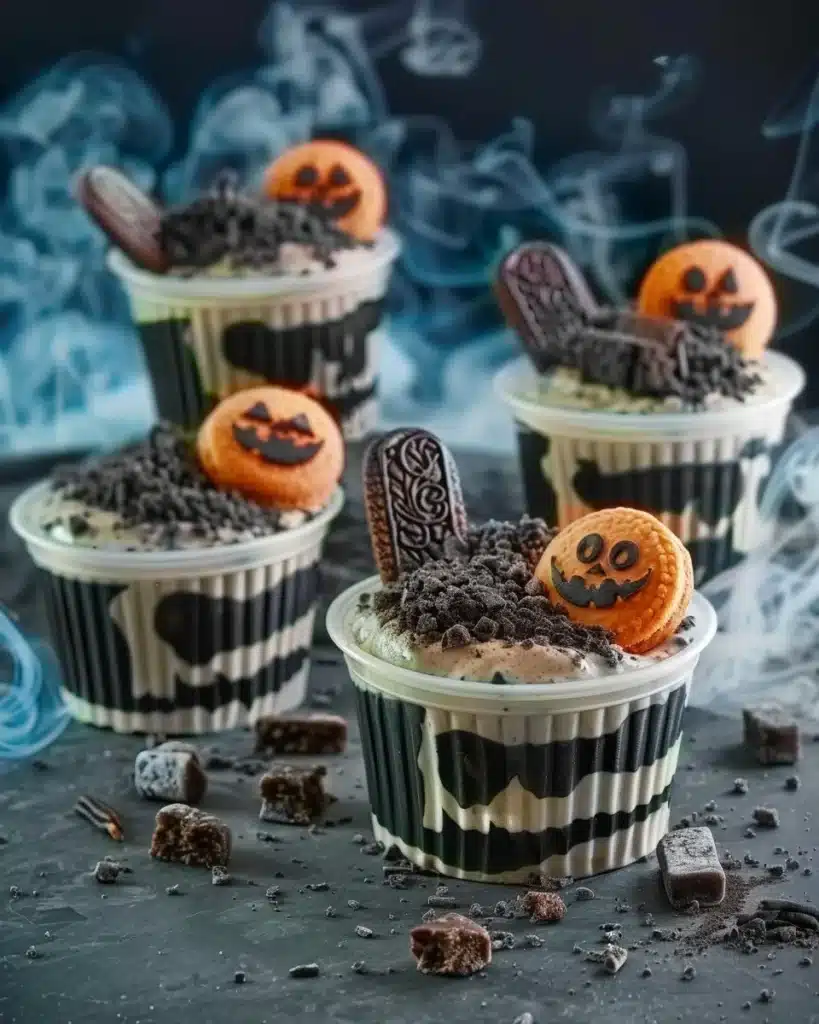Graveyard Pudding Cookie Cups decorated for Halloween