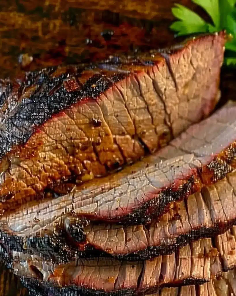 Juicy grilled tri-tip sliced on a wooden board with herbs and spices