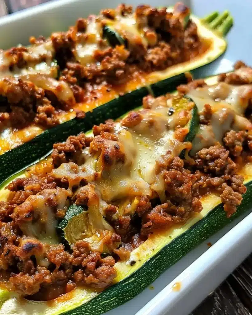 Ground Beef Zucchini Boats filled with savory ingredients