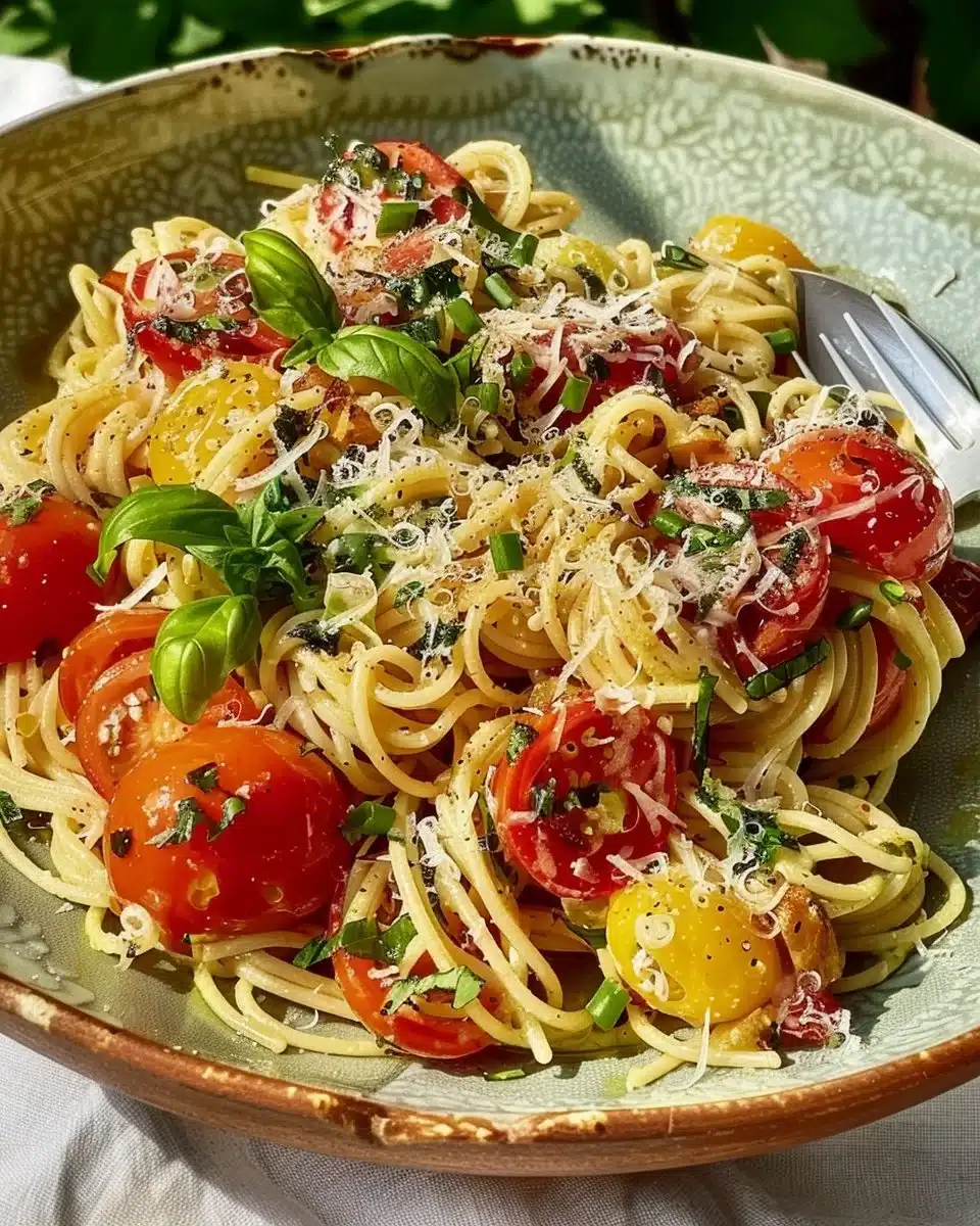 Delicious bowl of summer garden pasta with fresh vegetables and herbs