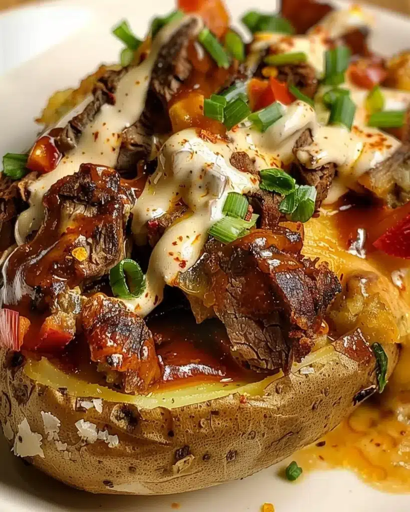 Loaded baked potato topped with juicy steak bites for a hearty meal.