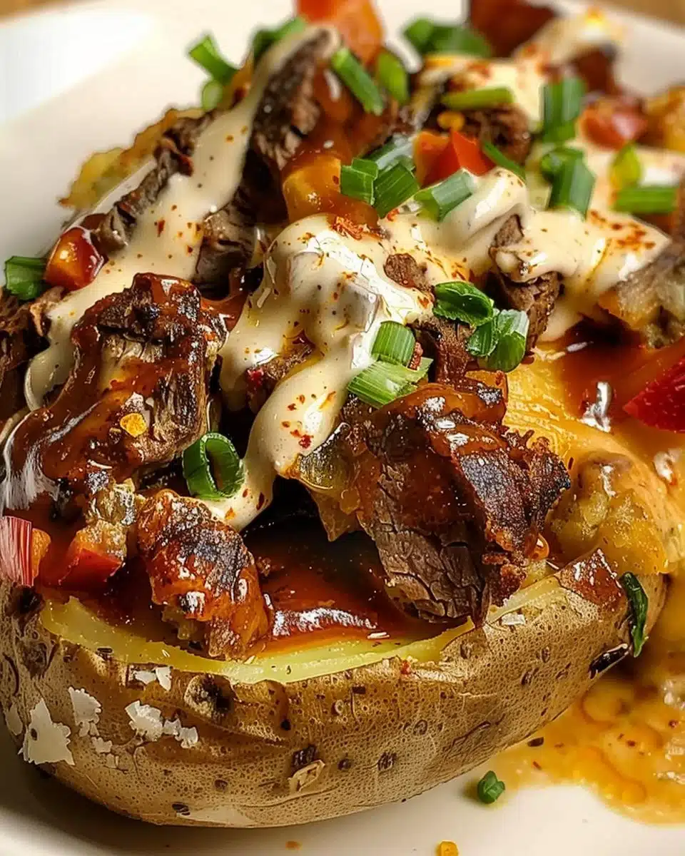 Loaded baked potato topped with juicy steak bites for a hearty meal.