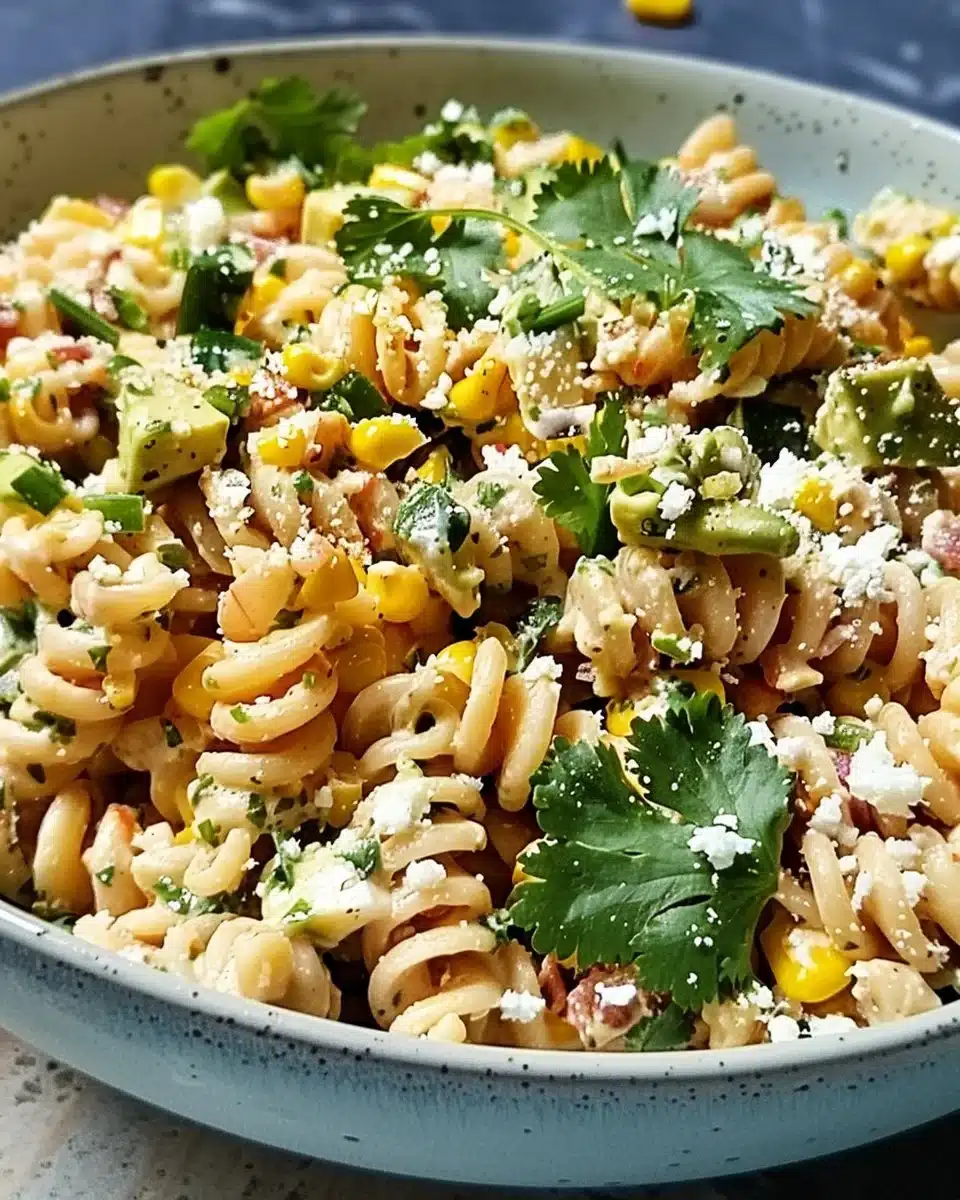 Bowl of vibrant Mexican street corn pasta salad with fresh ingredients