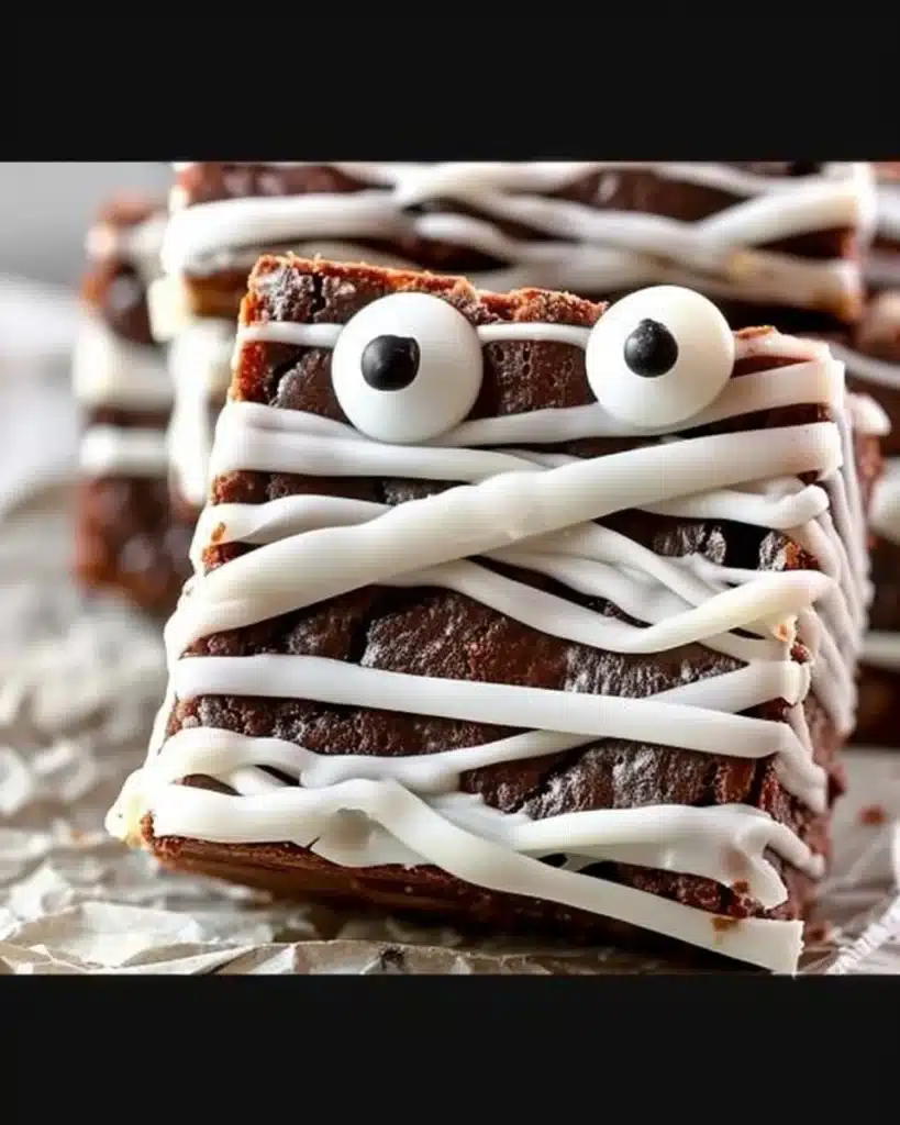 Mummy Halloween Brownies decorated with icing and candy eyes for Halloween