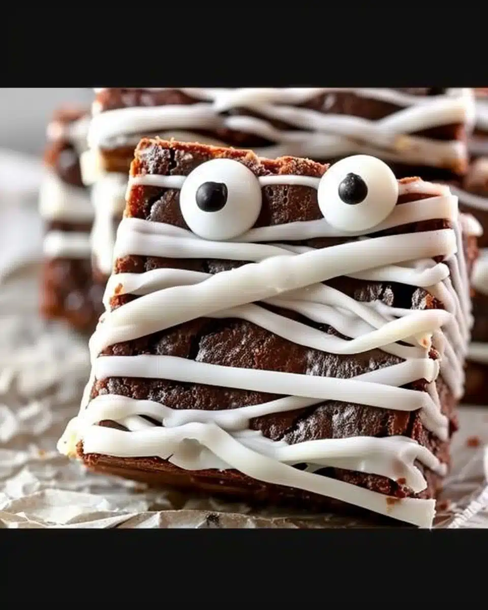 Mummy Halloween Brownies decorated with icing and candy eyes for Halloween