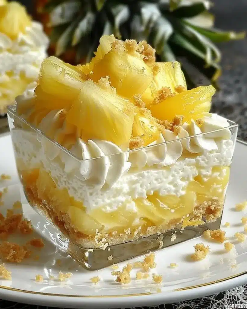No bake pineapple cream dessert served in a glass with tropical decorations.