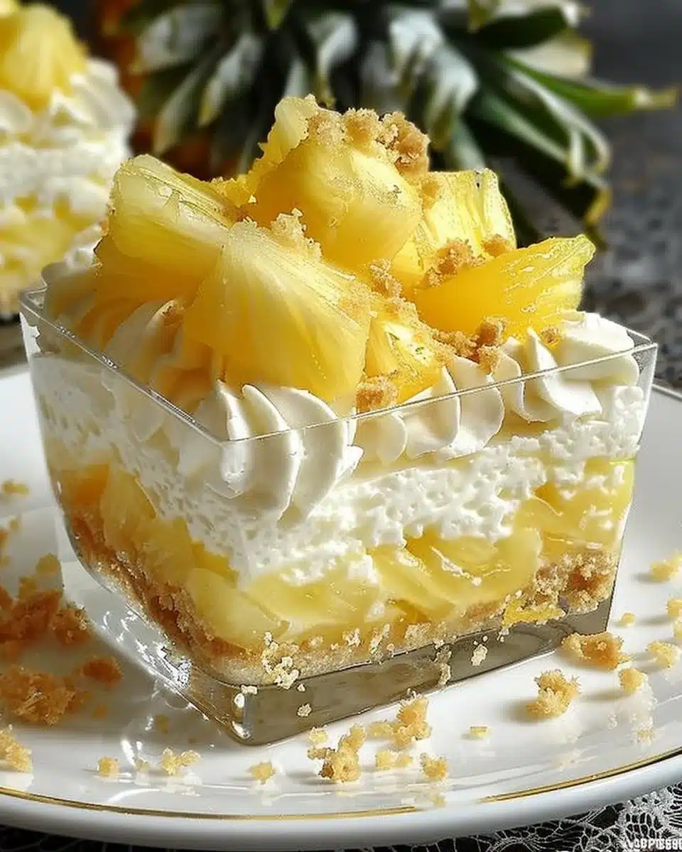 No bake pineapple cream dessert served in a glass with tropical decorations.