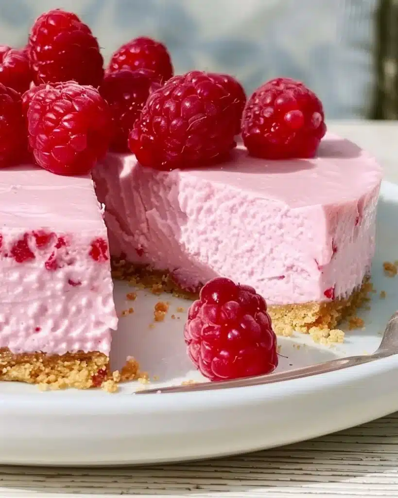 No Bake Raspberry Cheesecake topped with fresh raspberries on a white plate.