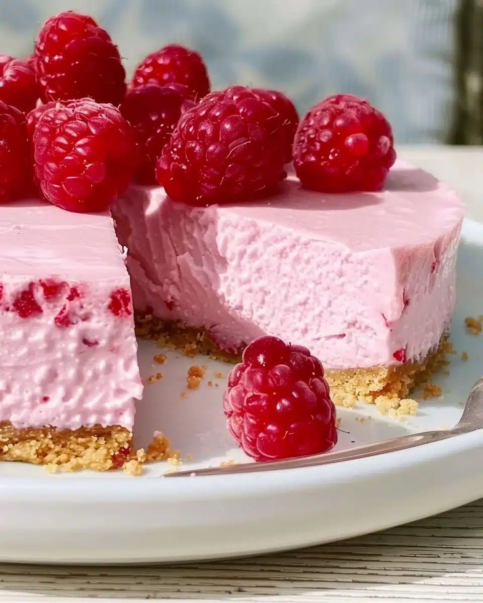 No Bake Raspberry Cheesecake topped with fresh raspberries on a white plate.