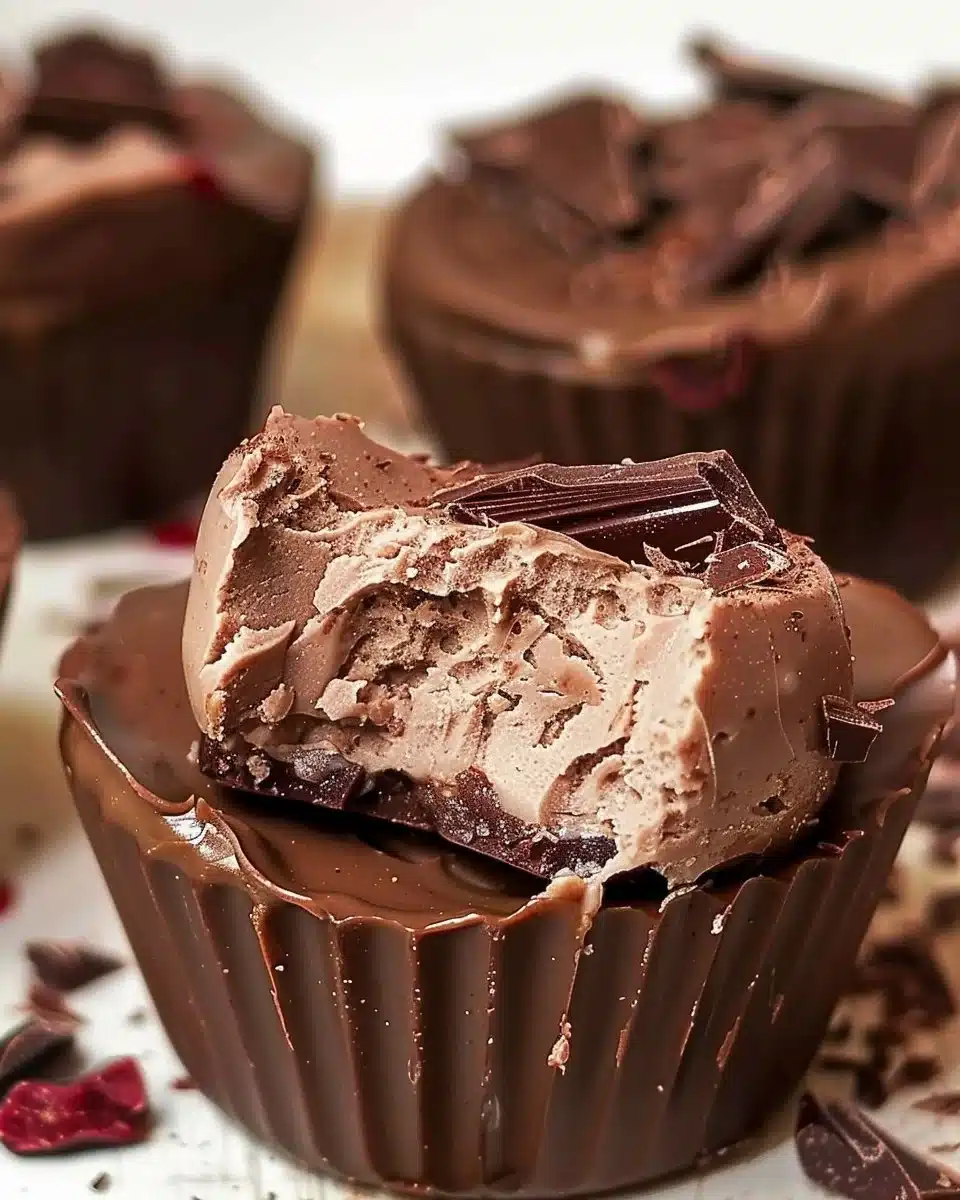Nutella cheesecake chocolate cups topped with chocolate drizzle and hazelnuts