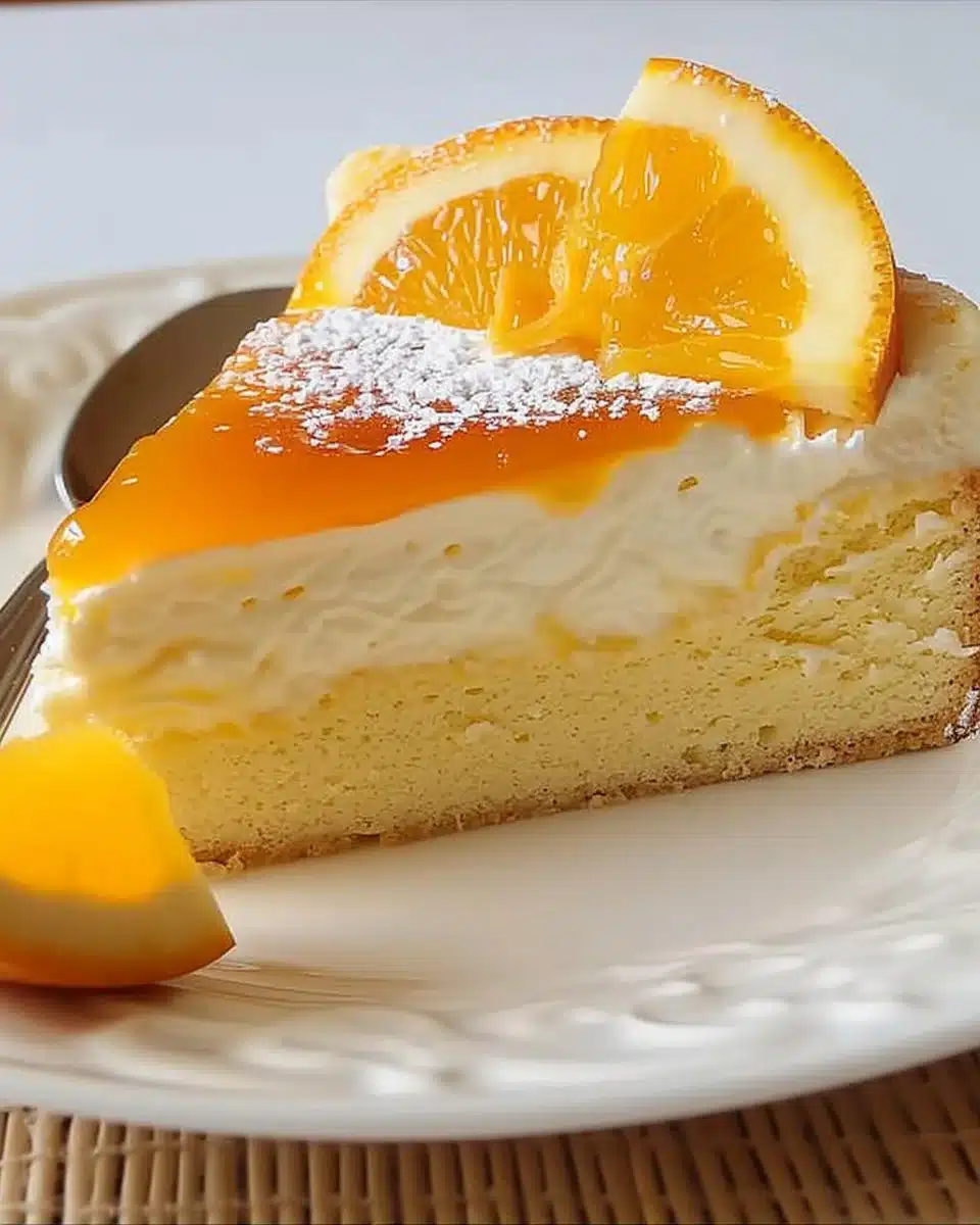 Delicious Orange Sour Cream Cake topped with orange zest and icing.