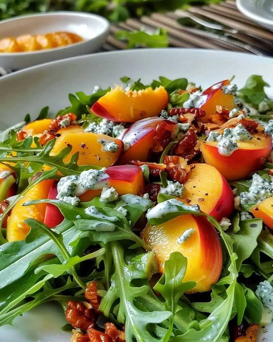 Delicious Peach Arugula Salad with fresh peaches and arugula leaves
