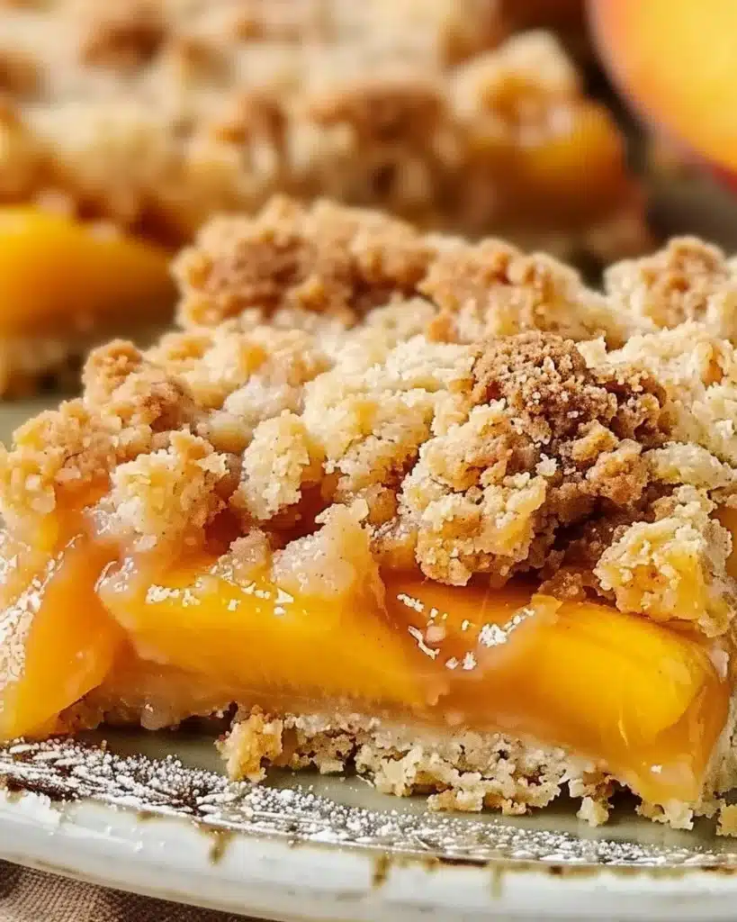 Delicious Peach Crumb Bars with a golden crumb topping and fresh peach filling
