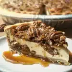 Delicious pecan pie cheesecake slice with caramel drizzle and pecans