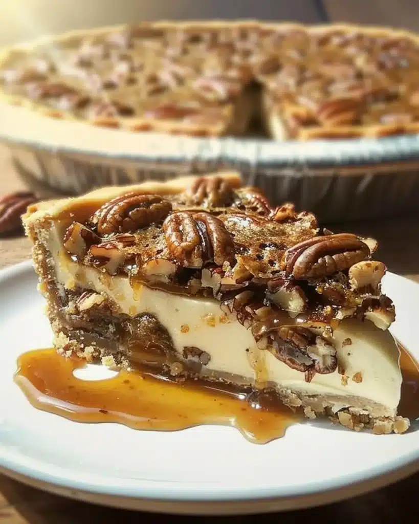 Delicious pecan pie cheesecake slice with caramel drizzle and pecans