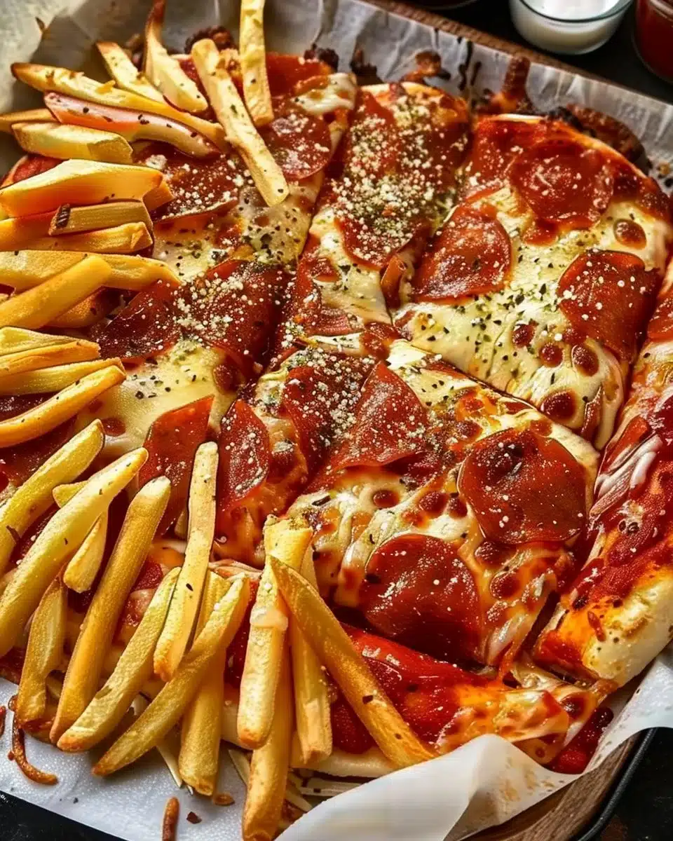 Crispy Pizza Fries topped with cheese and toppings