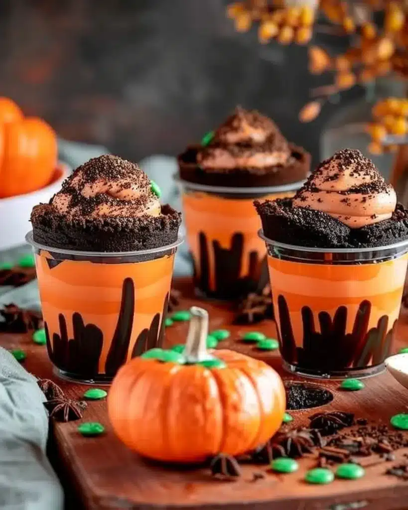Delicious pumpkin dirt cups topped with whipped cream and chocolate sprinkles