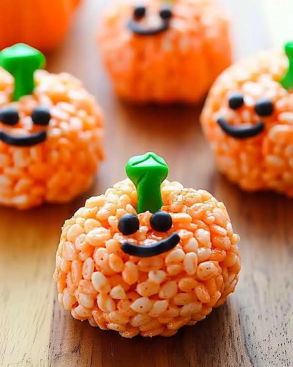 Halloween-themed Rice Krispie Treat Pumpkins decorated for a festive holiday treat