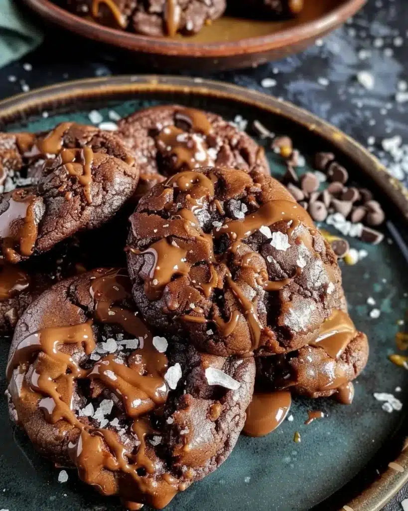 Delicious sea salt caramel cookies with double chocolate chunks on a baking tray.