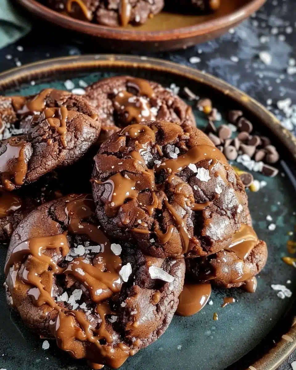 Delicious sea salt caramel cookies with double chocolate chunks on a baking tray.