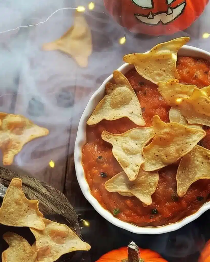 A plate of spooky baked Halloween chips in festive shapes and colors.
