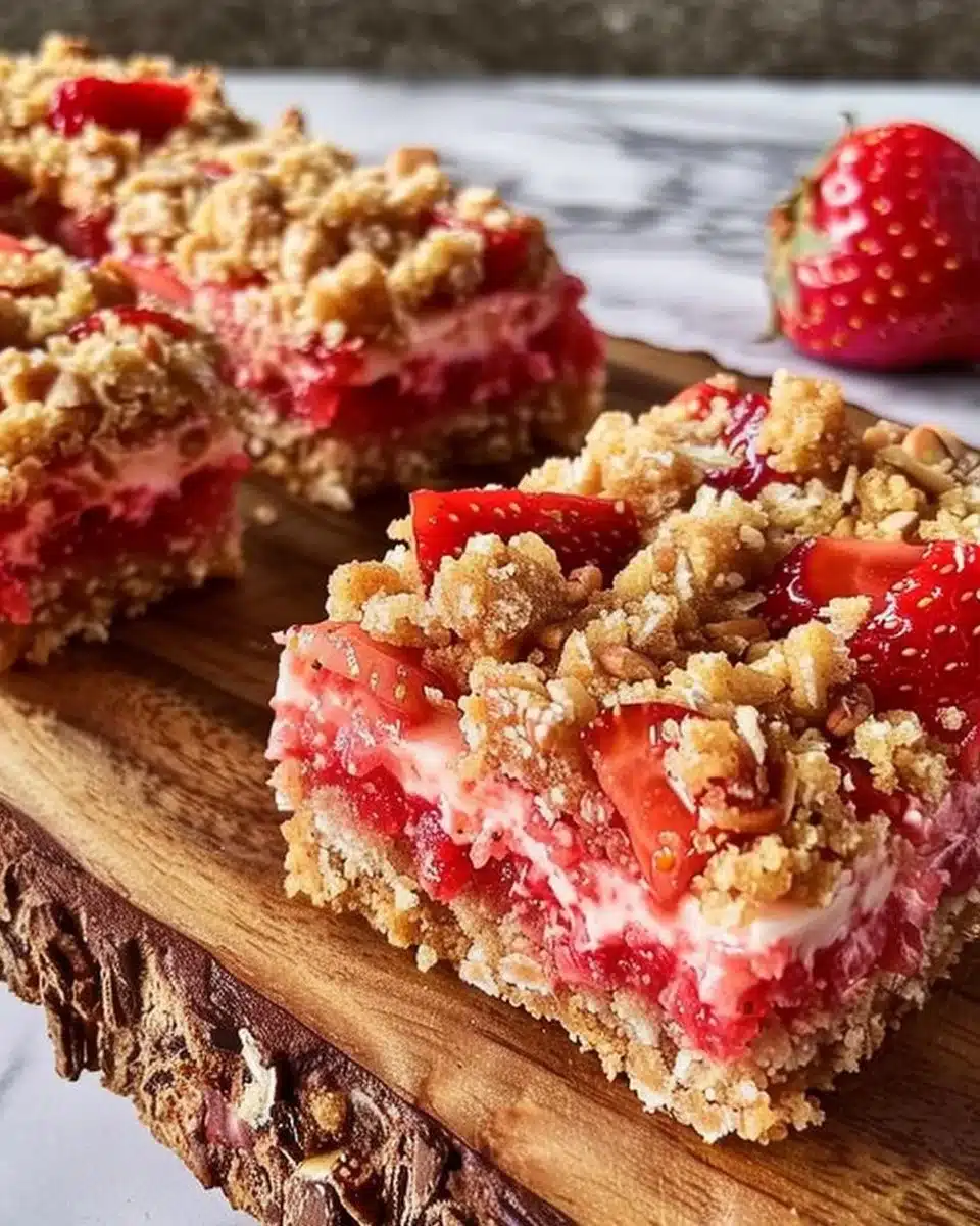 Homemade Strawberry Crunch Bars topped with crunchy layers