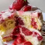 Delicious Strawberry Earthquake Cake with layers of strawberries and cream