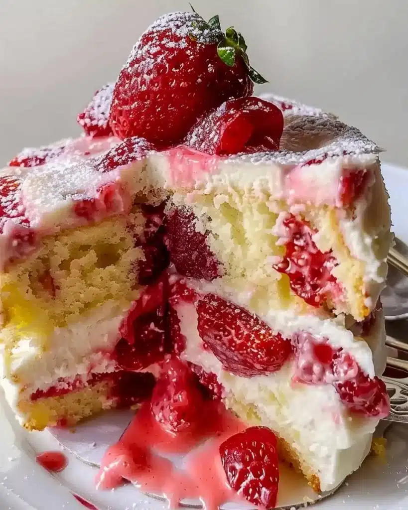 Delicious Strawberry Earthquake Cake with layers of strawberries and cream