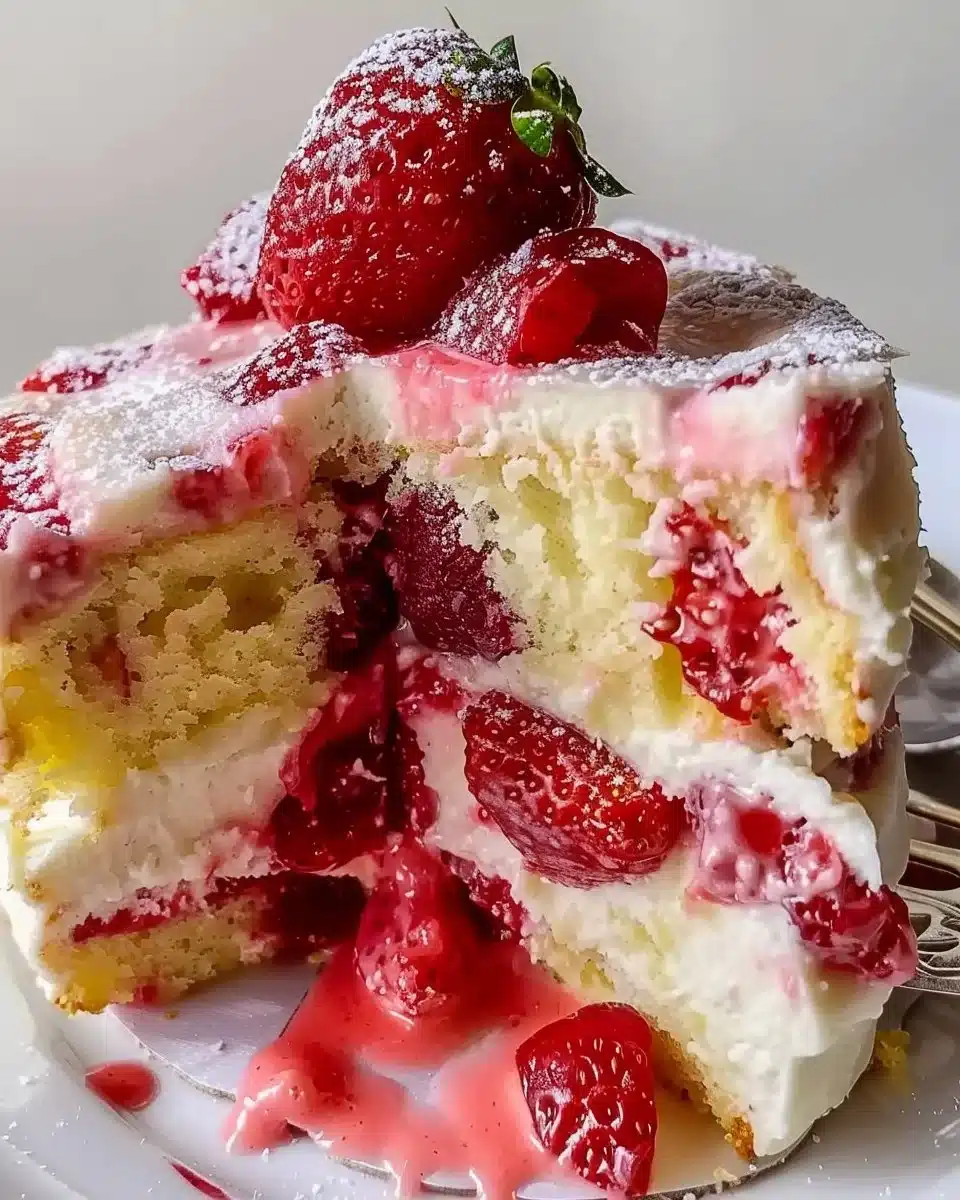 Delicious Strawberry Earthquake Cake with layers of strawberries and cream