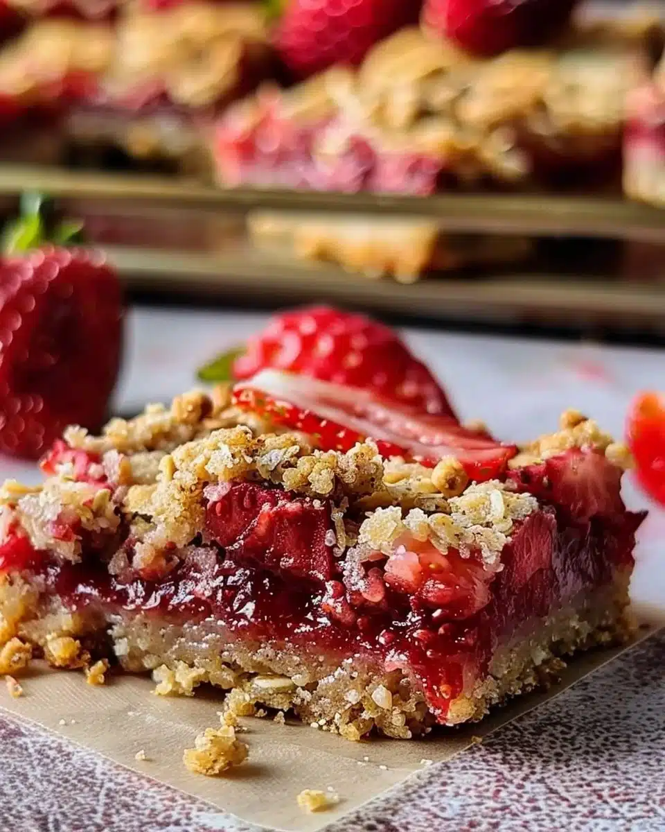 Delicious Strawberry Oatmeal Crumble Bars with fresh strawberries and crunchy topping