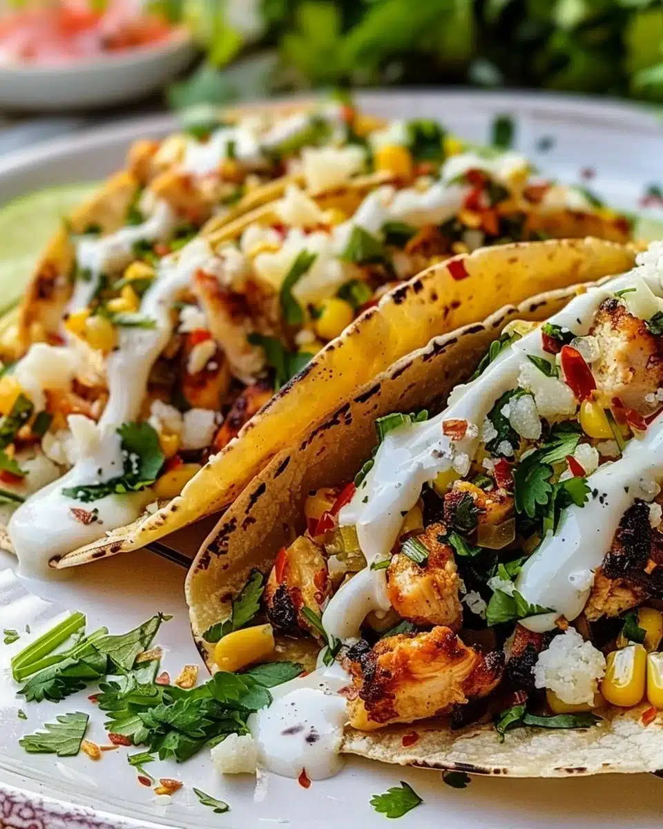 Delicious street corn chicken tacos served with fresh toppings