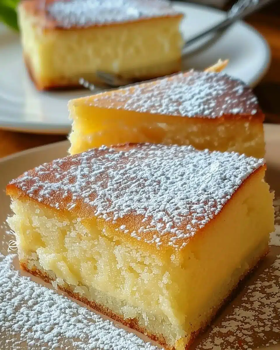 Slice of Vanilla Magic Custard Cake with three distinct layers on a plate